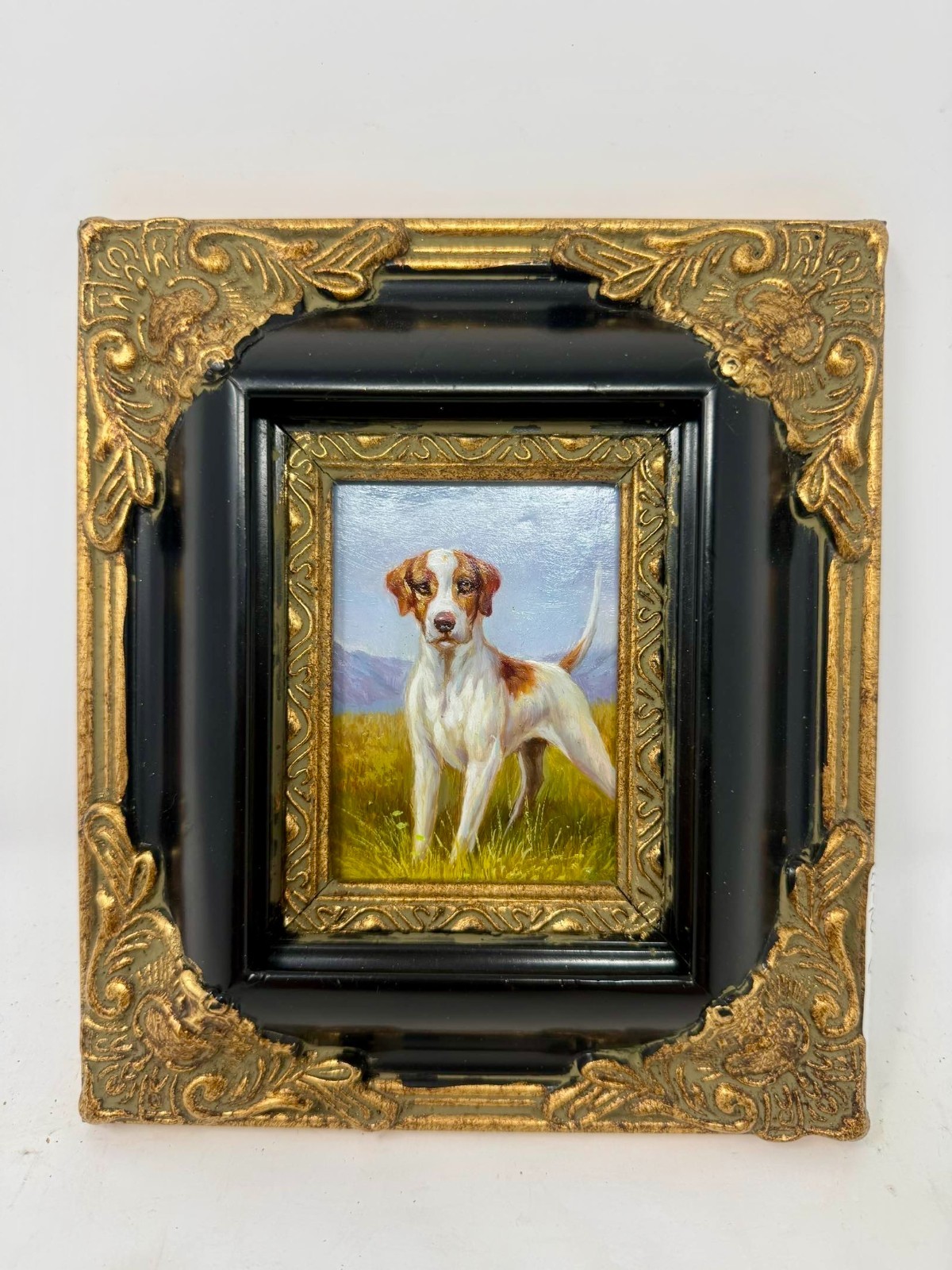 Framed Country Dog Painting Black Gold Frame Animal Wall Art