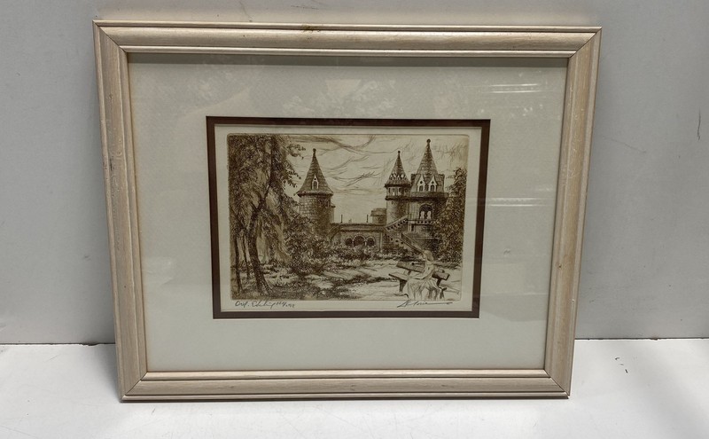 L. Maria Signed Original Etching "Budapest" Castle 128/295 15x13 Framed Art COA