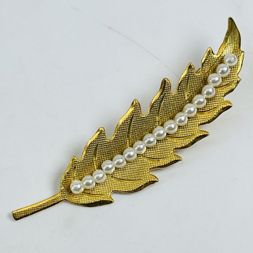 Elegant Gold Tone Feather Leaf Hair Clip Faux Pearl Alligator Barrette Fashion