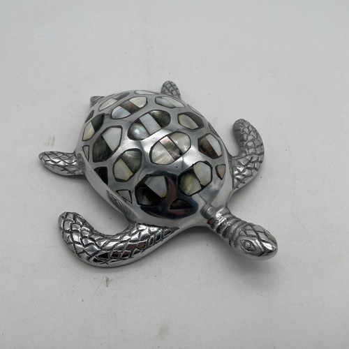 Sea Turtle Sculpture Silver Metal Abalone Shell Inlay Coastal Home Decor 8.5” - Picture 1 of 15
