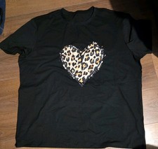 Shein Curve Stretch Jersey Animal Print Heart Motif Black Tshirt Top Sze 26 5XL