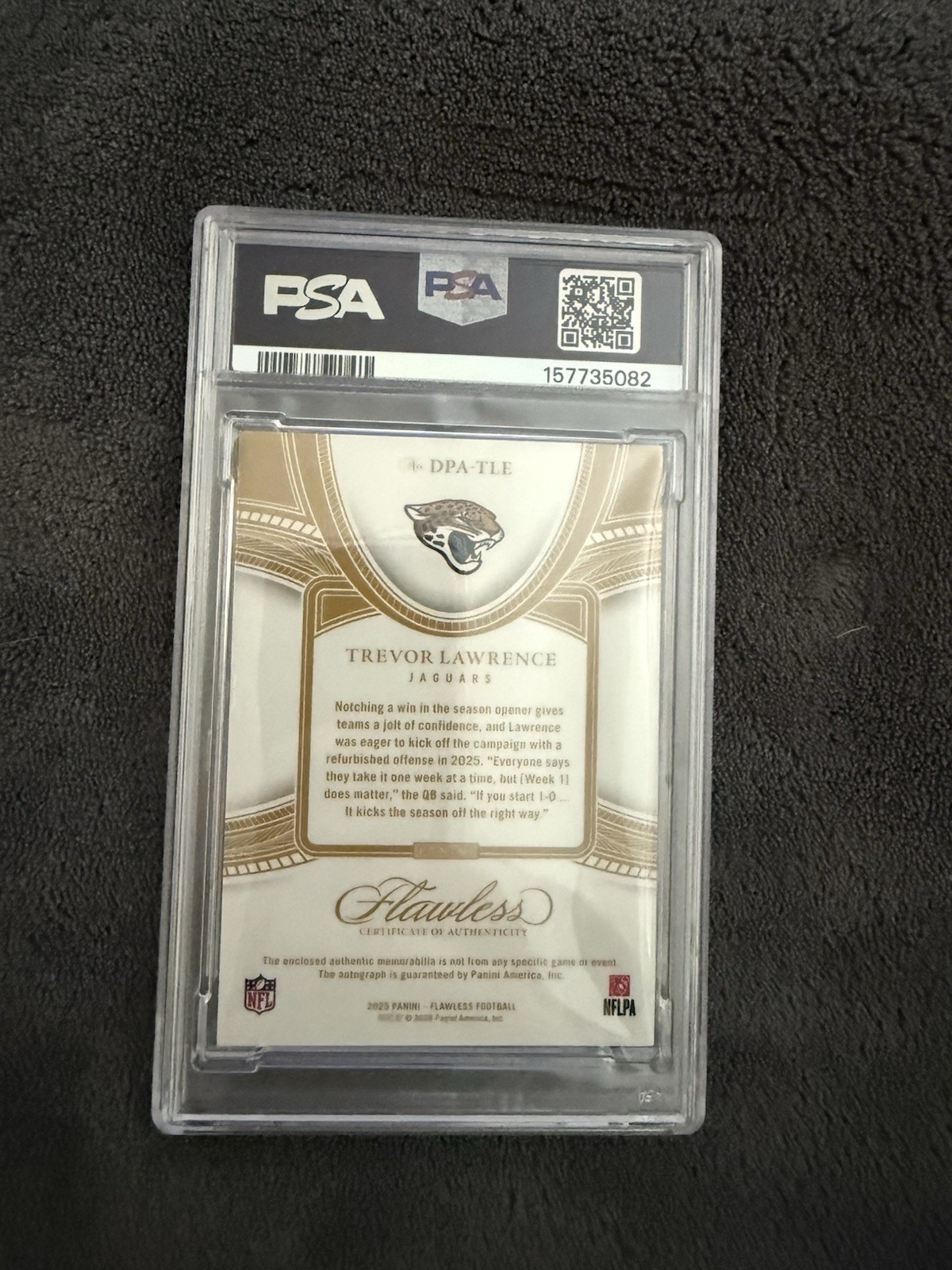 Panini Flawless Trevor Lawrence Jags Gold Patch Auto DPA-TLE /25 PSA 9 view 2