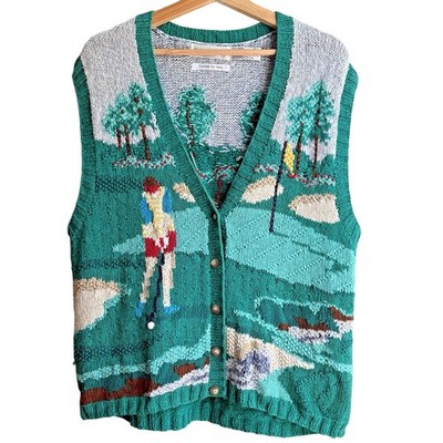 VTG Robert Scott Ltd Hand Knit Novelty Golf Sweater Vest V-neck Ramie Cotton L