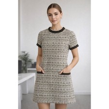 Tahari Womens Metallic Gold Tweed Shift Dress Short Sleeve Pocket Black Trim M