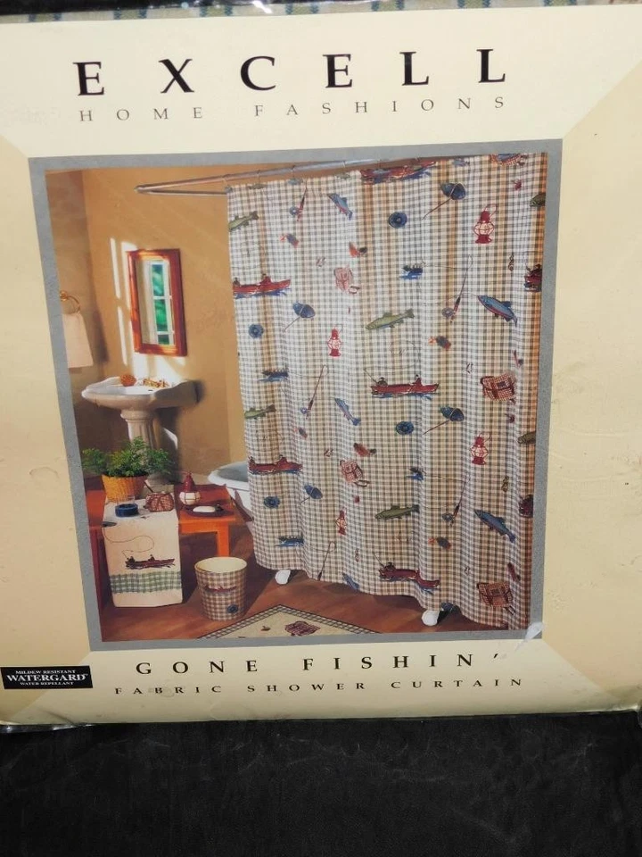 Cortina de ducha de tela de pesca Excell Gone de colección 70 x 72" carrete de canoa de pescado creel Foto 4 de 4