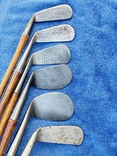 SPALDING, Smooth Face, Gold Metal Series, Complete Set of 6, hickory golf clubs.