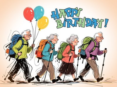 A5 Happy Birthday Grußkarte leer innen Wandern Walking Walker Streifzug älter