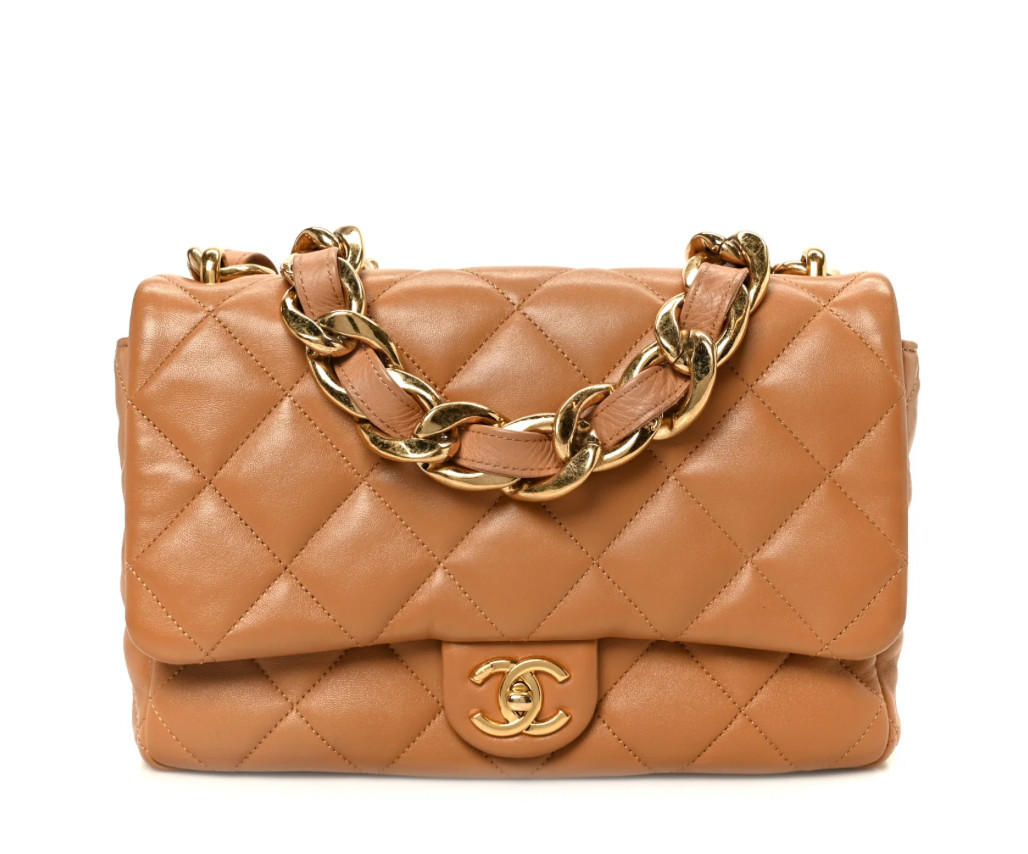 CHANEL CC Mini Lambskin Quilted Funky Town Flap Beige w/ Chunky Gold Chain