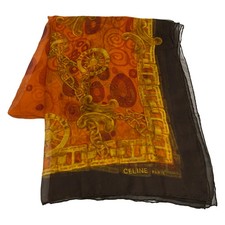 CELINE Orange Dark Brown Multi Silk Scarf