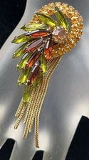 Alice Caviness Vintage Colorful Rhinestone Waterfall Tassel Brooch