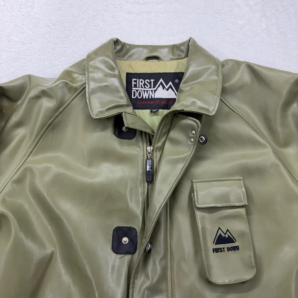 First Down Mens XXL Olive Green Puffer Jacket Full Zip PVC Casting Leather Shell - Image 2 of 4