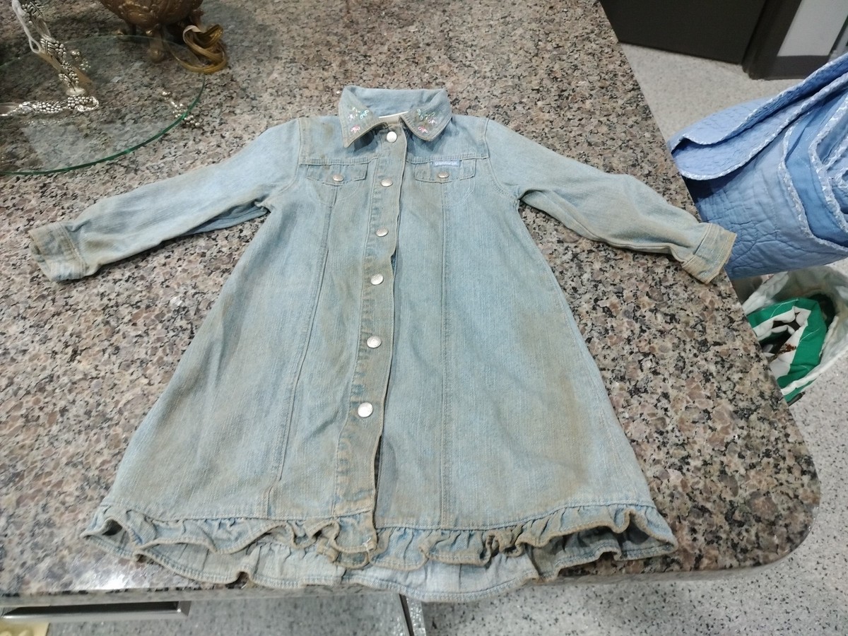 3t denim dress Vintage Riders 3T Girl Dress Jumper Blue Denim Jean Buckle Cotton Union USA  Made