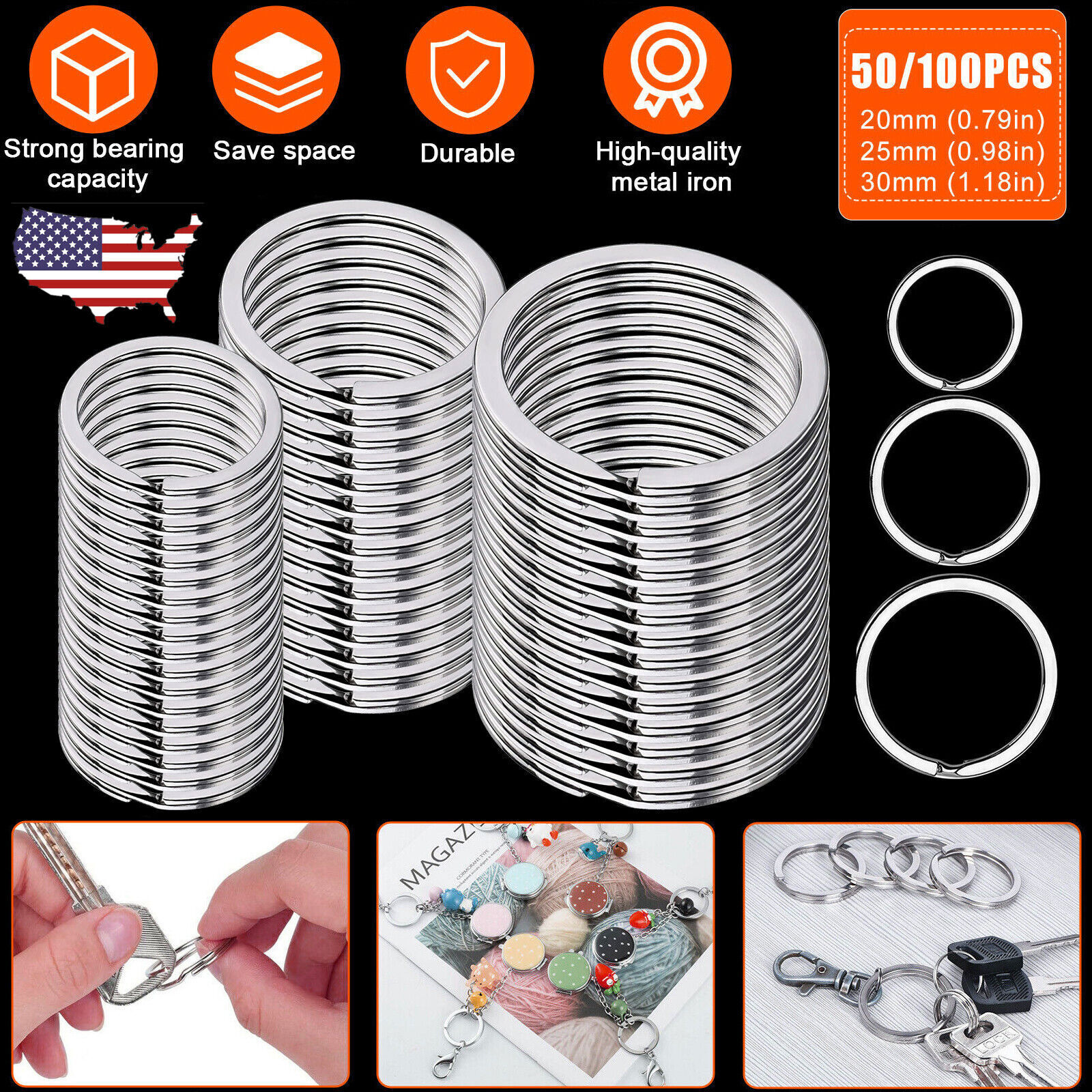 50/100/150 Stainless Steel Key 20-25-30mm Rings Split Hoop DIY Flat Metal Chains