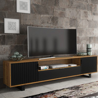 200cm Modern TV Unit | Oak Body | Black Matt Doors | Wave-Front Design