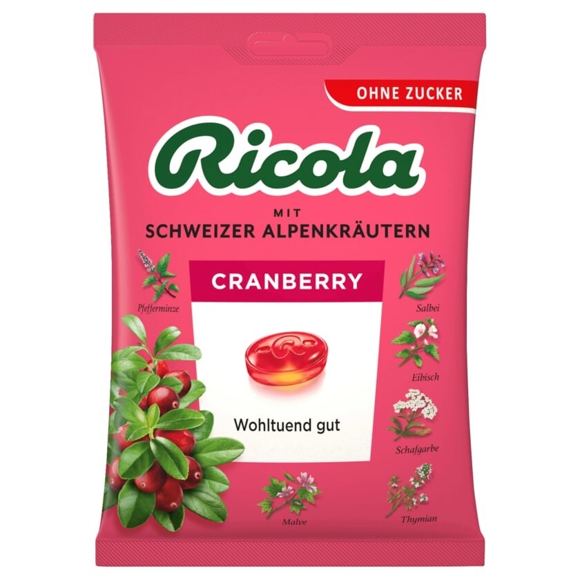 КЛЮКВЕННЫЕ пастилки Ricola БЕЗ САХАРА -75 г -Сделано в Германии-БЕСПЛАТНАЯ ДОСТАВКА