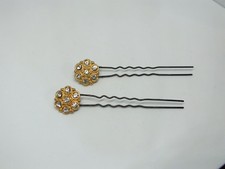 Beautiful Hand Crafted Hair Pin Gold Rhinestone Set 2 Clear Rhinestones