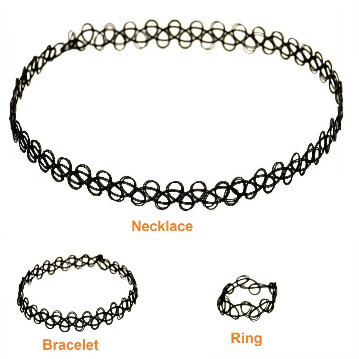 Set Gioielli Gotico: Collana Girocollo Tatuaggio, Bracciale Elasticizzato E Anello Regolabile In PVC Nero Per Donne