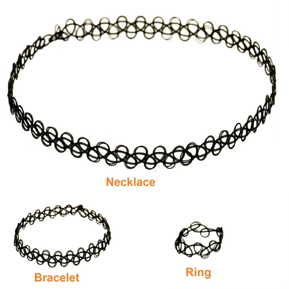 DONNA COLLANA GIROCOLLO BRACCIALE ANELLO ELASTICO GOTICO TATUAGGIO PIZZO NERO - Immagine 2 di 4