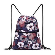 Drawstring Backpack String Bag Sackpack Cinch Water Resistant Blue Flower