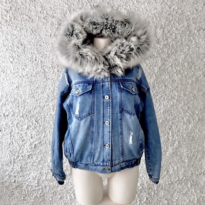 ZUIKI JEANSJACKE DENIM MIT FELL GRAU KUNSTFELL CASUAL MODE