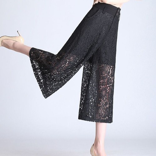 Women's Lace Wide Leg Pants Capri Cropped Trousers High Waist Hollow Summer - Picture 6 of 15