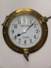 Ship’s Time Brass Port Hole  Maritime Ships Clock Quartz Vintage 9” Nautical