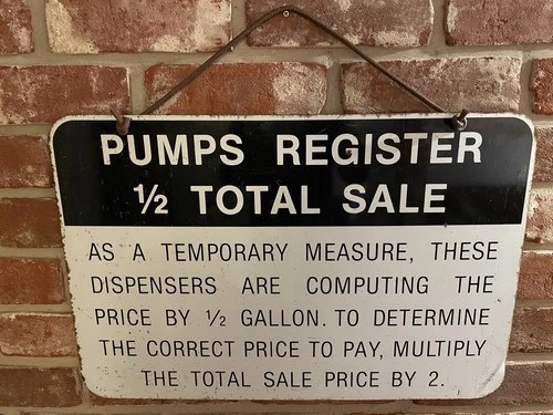 Vintage Petrol Pump Tin Sign - 1970's RARE - 'Pumps register 1/2 total sale'