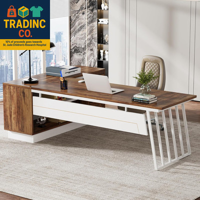 71-Inch Executive Desk, L-Shaped Desk with Cabinet, Large Office Desk with Drawe
