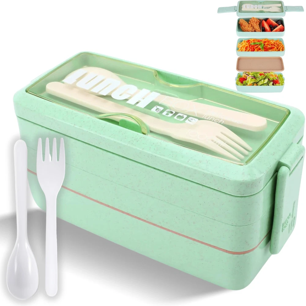 Bento Box Layered Lunch Box Adults 3 Layer 900ml - 1600ml Spoon Fork Womens Mens
