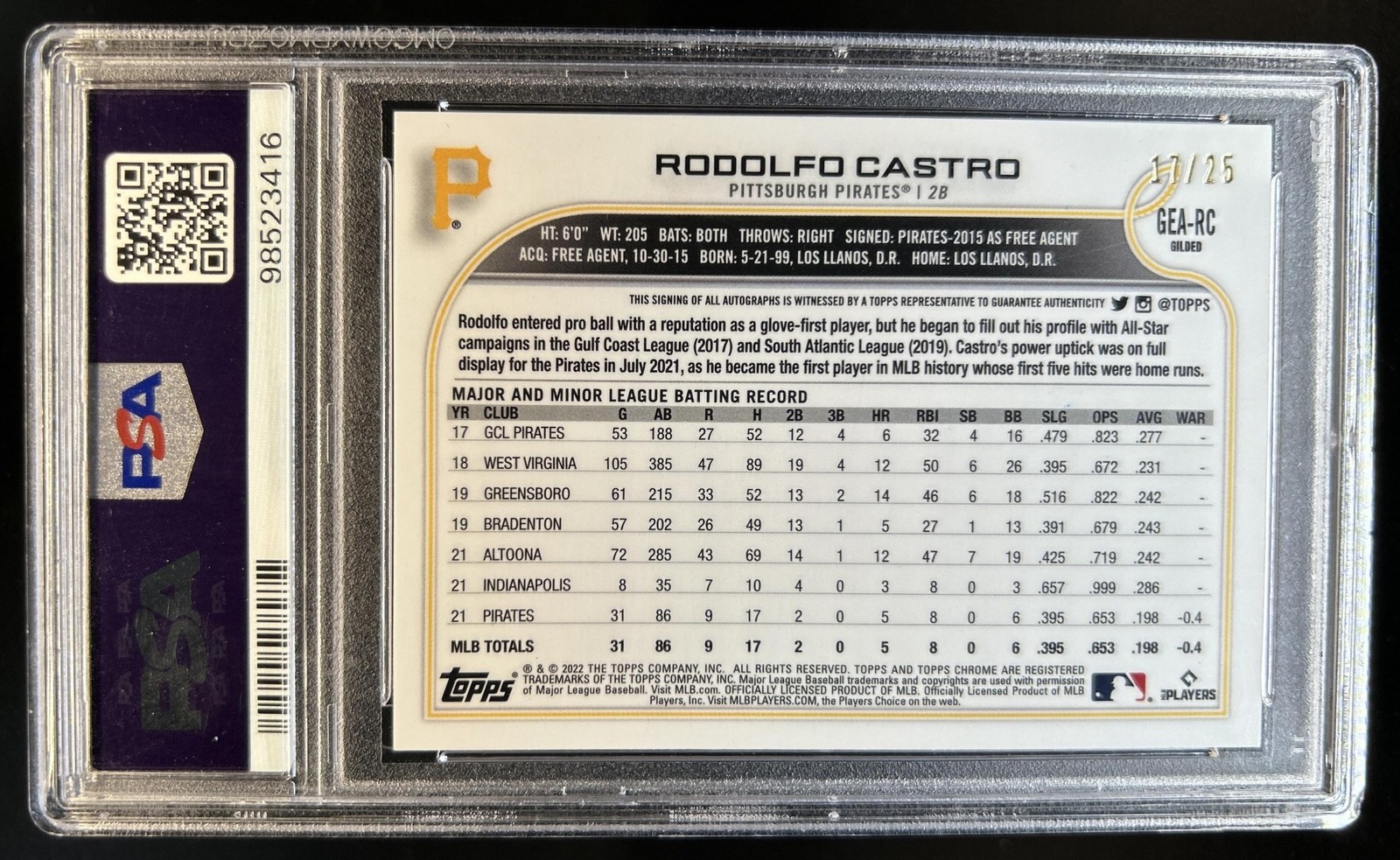 2022 Topps Gilded Rodolfo Castro Chrome Gold Etch Auto RC Rose #/25 PSA 10 view 2