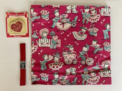 Vintage 50s 60s Wrapping Paper, Ribbon, Valentine Envelope Closures 1 Sheet Love