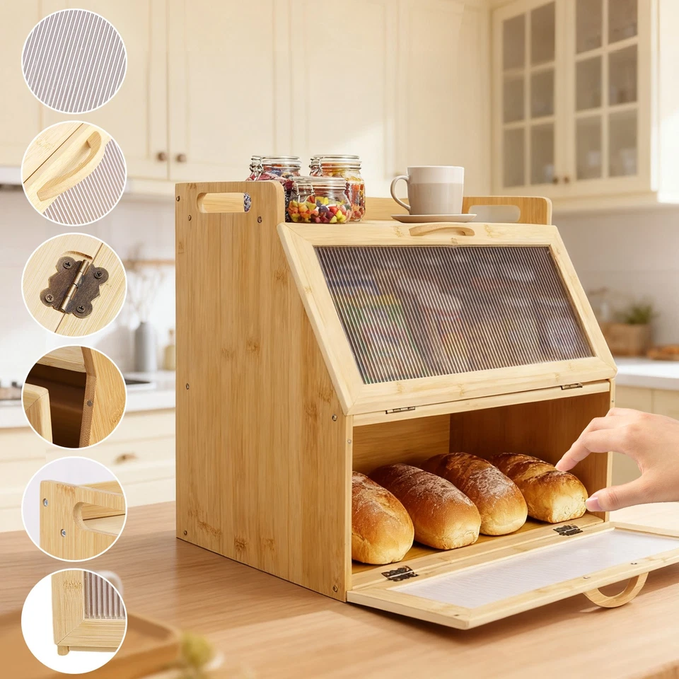 Bambus Brotkasten mit Belüftung,Großer Brotbox, 2 Etagen und Sichtfenster - Bild 4 von 4