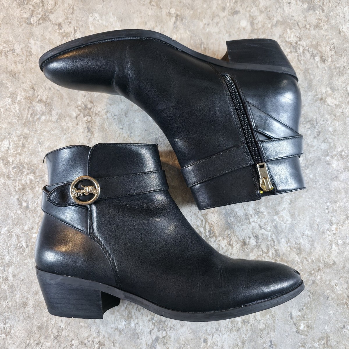 Coach Black Debi Smooth Leather Ankle Boots 6.5 B Horse & Carriage Buckle View 2