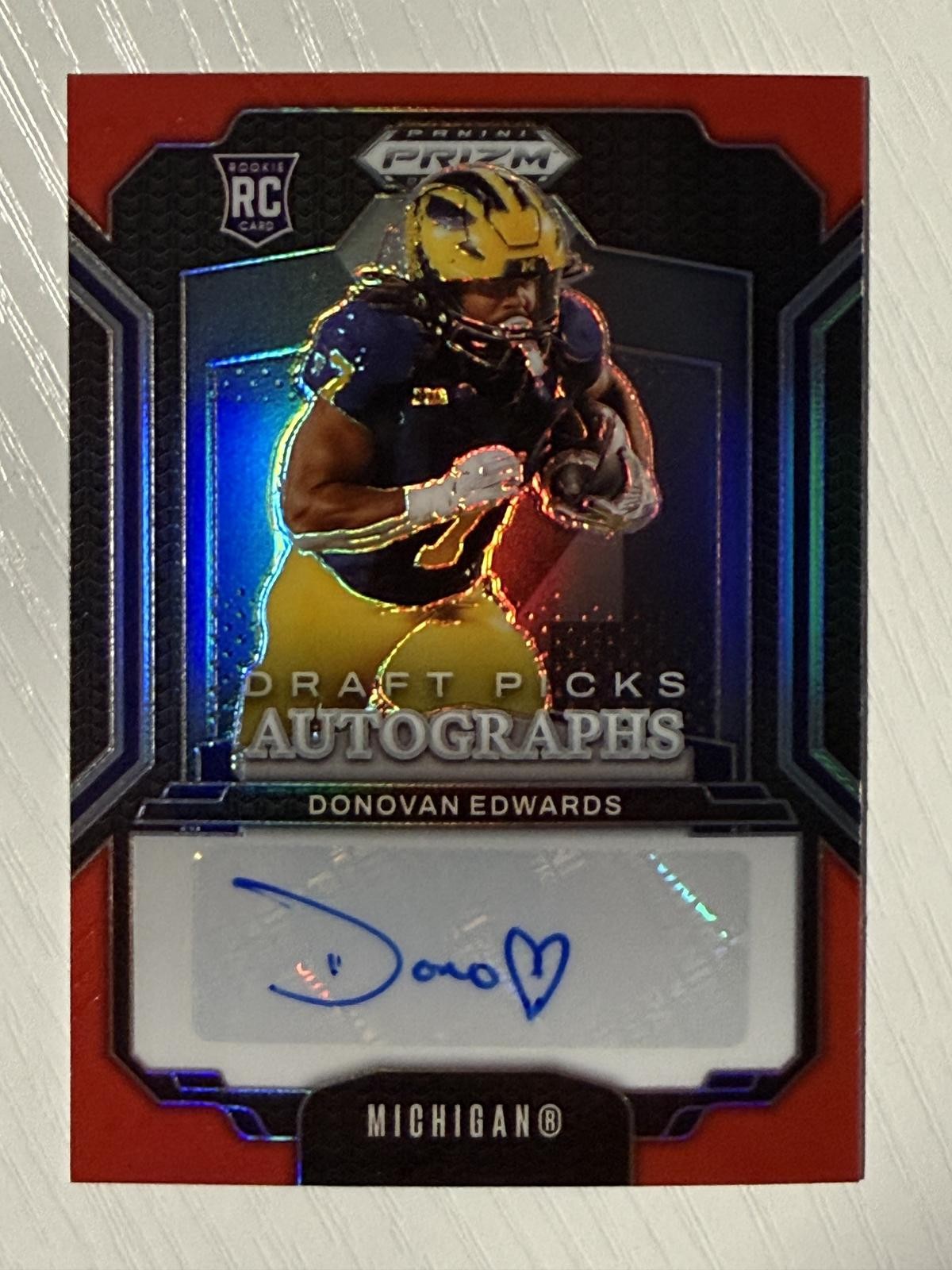Donovan Edwards 2025 Panini Prizm Draft Picks Auto Red Prizm 235/399 Michigan
