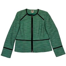 Anne Klein Green Tweed Zip Front Classic Preppy Academia Blazer Jacket Size 12