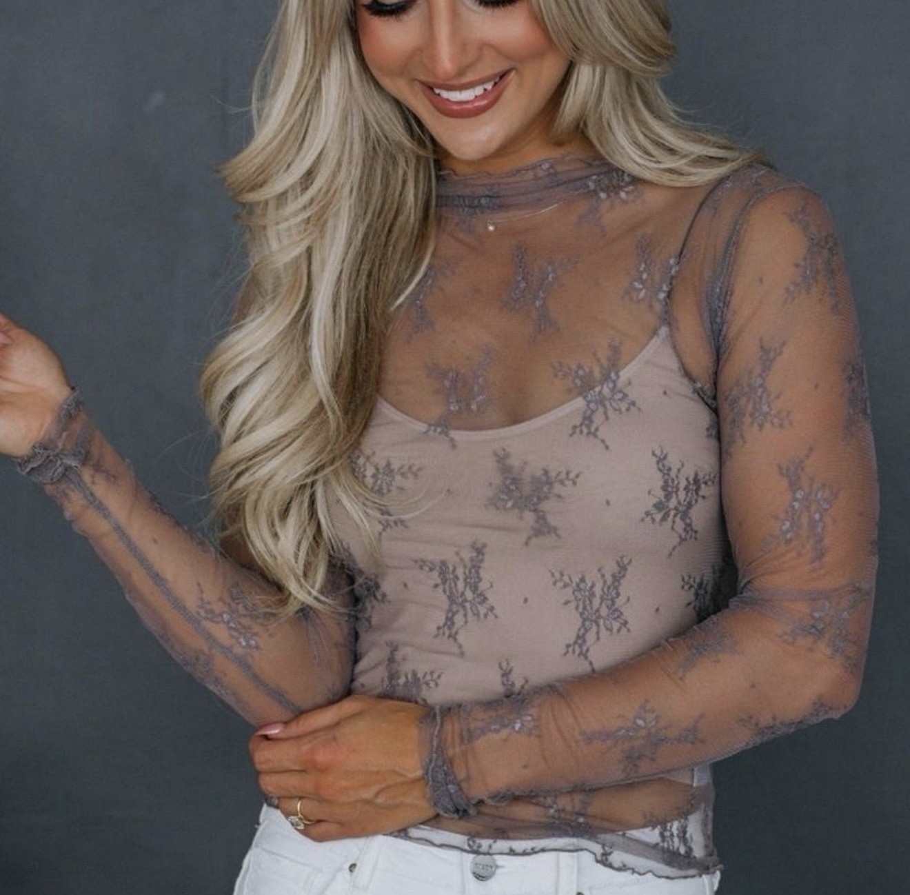 Floral Long Sleeve Sheer Lace Top Size Large