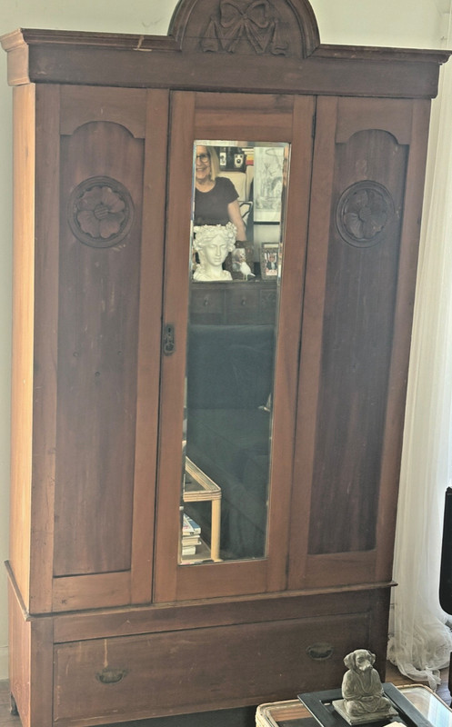 Antique Wardrobe Coat Mirrored Vintage Armoire Wood Carve See pics