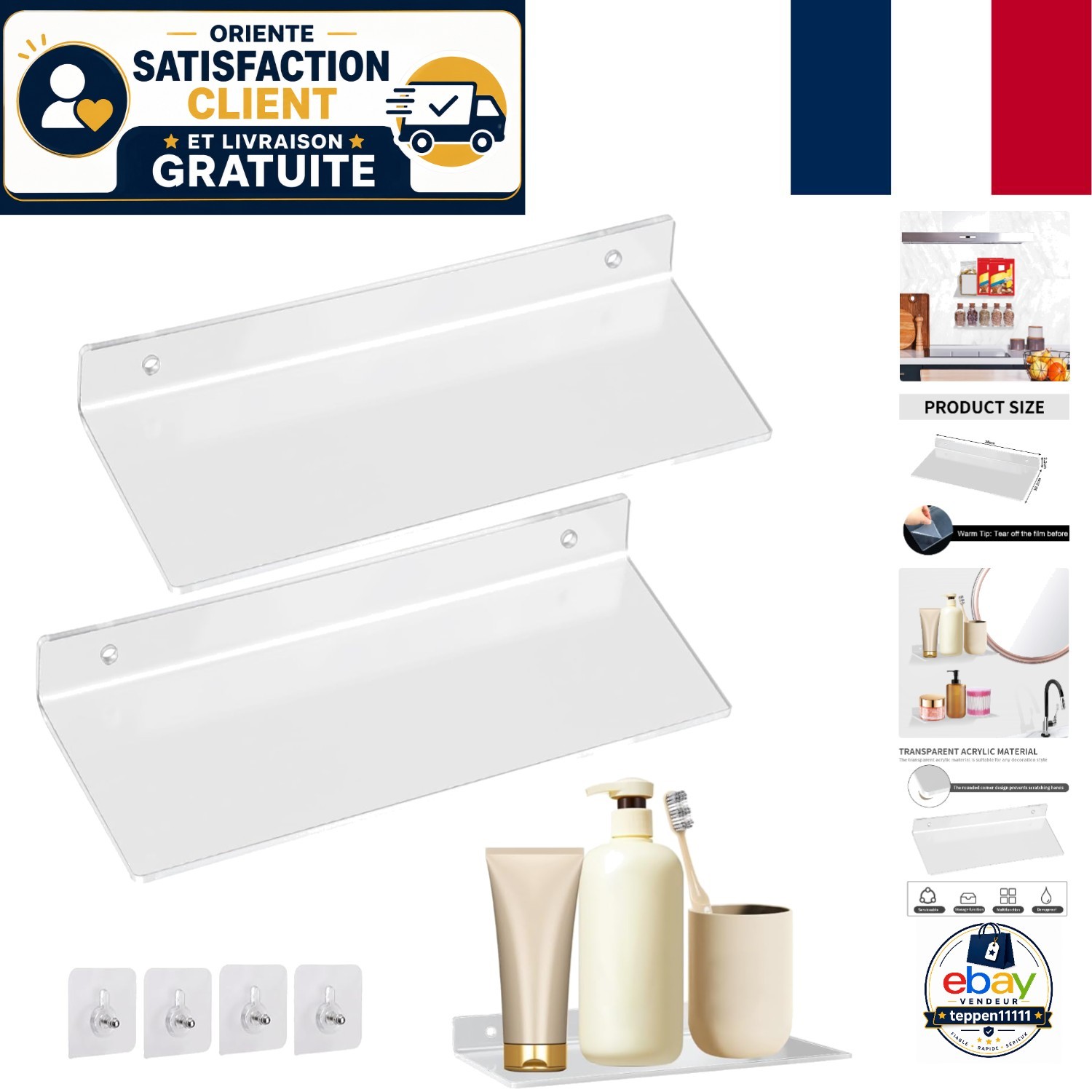 Étagère flottante acrylique 20x10 cm transparente sans perçage pour salle de bain