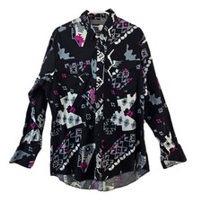 Vintage Wrangler Brushpopper Shirt Men's 17 1/2x35 Aztec Cowboy Cut Black Pink