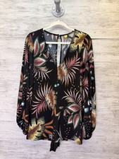 Farm Rio Romper Womens PP Black Floral Tunic V-Neck Balloon Sleeve Tie Button
