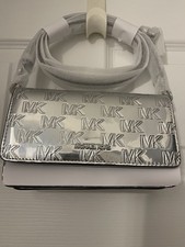 NWT Michael Kors Silver Metallic Logo Embossed Crossbody Bag/purse