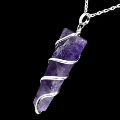 AMETHYST Chakra Crystal Point Silver Wire Wrap Pendant & Necklace HANDMADE Heal