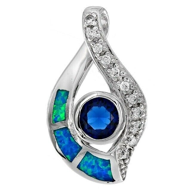 Treated Blue Sapphire & Australian Opal Inlay 925 Sterling Silver Pendant EO3