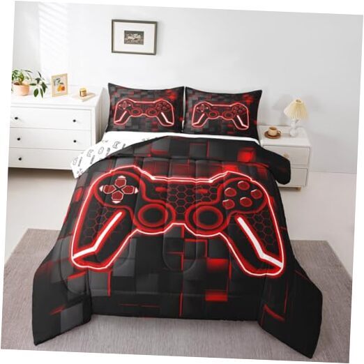 Kids Gamer Comforter Set Size and Black Bedding Set for Boys Teens Full Red