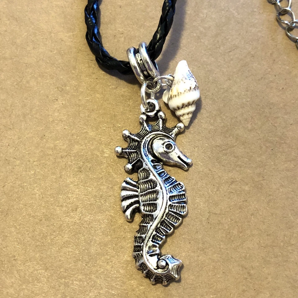 Seahorse W Natural Conch Sea Shell Charm Necklace leather 18" handmade USA 1759 - Image 2 of 3