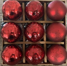 Tinsel and Fir Red Kugel Style Glass Heavyweight Christmas Ornaments Set Of 9