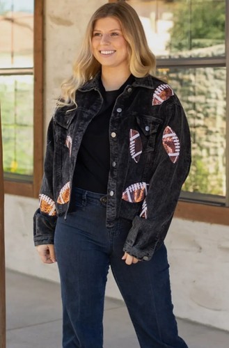 Women’s Cropped Corduroy Jacket W Sequin Football Patches S-XL Red or Black NWT - Picture 15 of 27