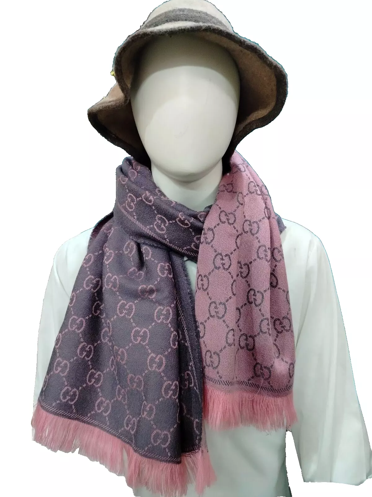 Gucci GG Logo Écharpe Etole Wrap Silencieux Laine Made in Italy Unisexe Rose et Gris