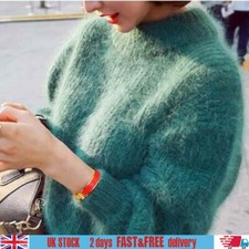 Donna Simil Mohair Pelliccia Maglione Soffice Dolcevita Puff Maniche Calda