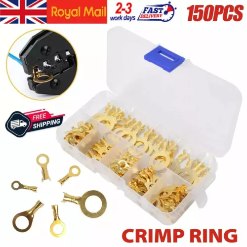 150PCS Brass Insulated Crimp Ring Terminals Wire Connectors Spade Electrical Set - Picture 3 of 11
